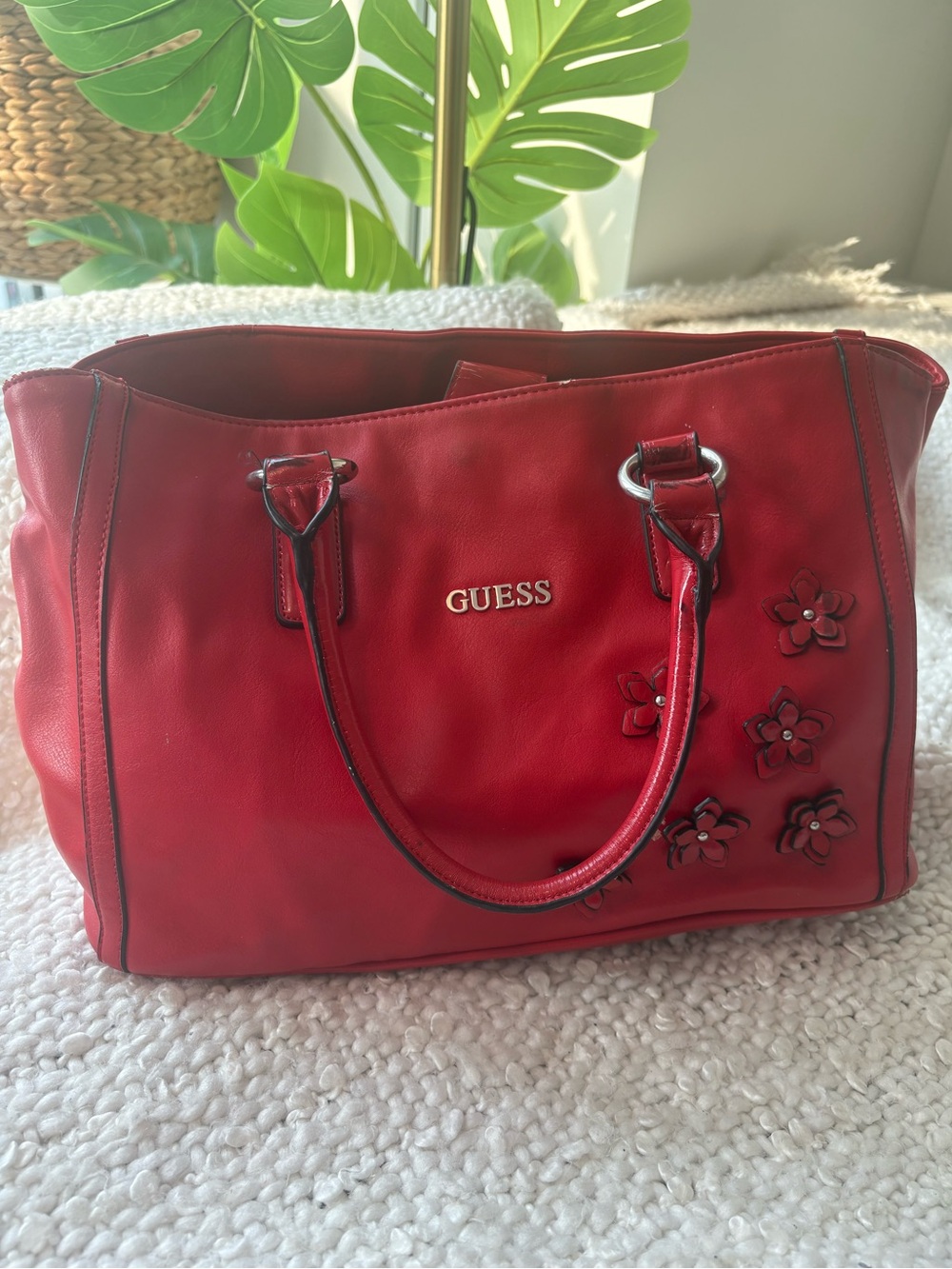 Vintage Y2K GUESS Red Floral Tote Bag Silver Hardware McBling Purse